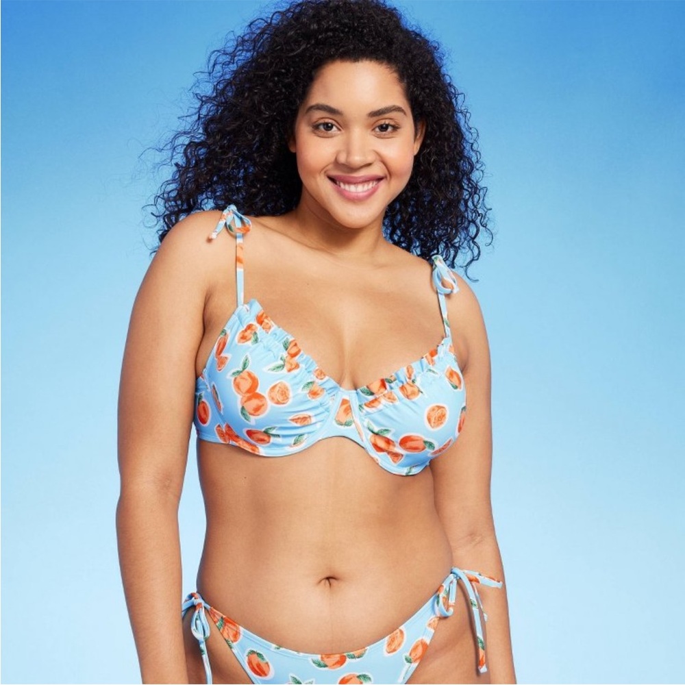 Wild Fable Light Blue and Orange Print Underwire Ruffle Ties Bikini Set XL NWT